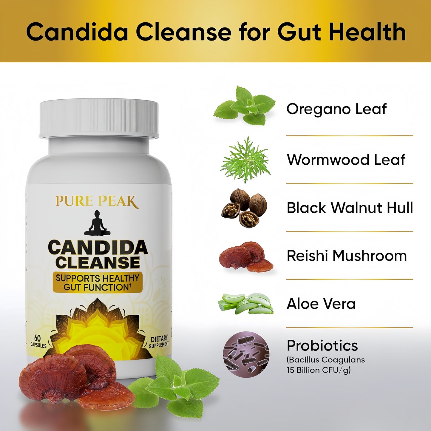 Candida Cleanse - Gut & Colon Support (60 Capsules) - for Men & Women - Natural Herbs for Intestinal Detox - Oregano Leaf, Wormwood, Black Walnut, Caprylic Acid